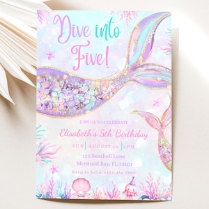 Dive into Five 5th Birthday Mermaid Invitation, Mermaid Bash Birthday Invite Girl, Under the Sea Party Invite, Editable Canva Template
