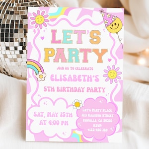 Könnte beinhalten: Eine farbenfrohe Einladung mit dem Text "LET'S PARTY" in Orange, Türkis und Gelb. Die Einladung enthält einen Regenbogen, Blumen und einen Smiley-Ballon. Der Text lautet "ELISABETH'S 5TH BIRTHDAY PARTY" mit Datum und Uhrzeit.