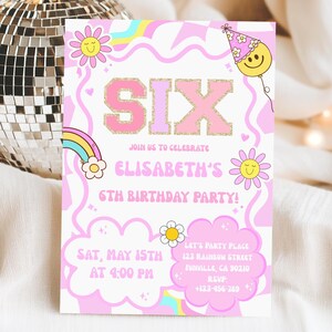 Patch Letter Einladung, 6 Geburtstag Mädchen Einladung, Varsity Preppy Patch Geburtstag Einladung, Canva Vorlage Editierbar, Kinder Party