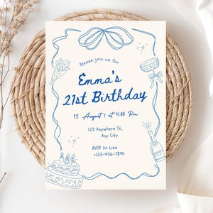 Hand-Drawn Birthday Invitation Template, Editable Canva Doodle Card, Blue Party Design, Instant Download