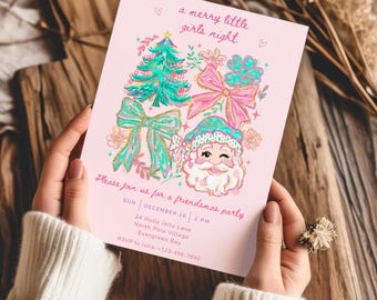 Inbjudan till tjejkvällsfest, en glad liten tjejkväll, kokett vänskapsfestkort, mall för julfest, redigerbar