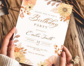 Fall Birthday Invitation, Autumn Birthday Party Invite, Floral Birthday Invitation, Boho Birthday Template, Editable Canva Invite