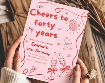 Cheers to 40 Years Birthday Invitation, Hand Drawn Retro Party Invite, Pink and Red Vintage Adult Birthday Card, Printable Template