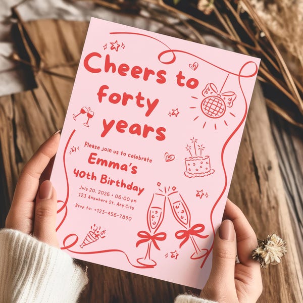 Cheers to 40 Years Birthday Invitation, Hand Drawn Retro Party Invite, Pink and Red Vintage Adult Birthday Card, Printable Template