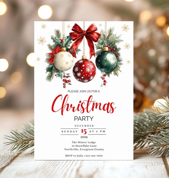Weihnachts Einladung, Retro Christmas Dinner Karte, Editierbare Xmas Vorlage, Vintage Weihnachtsfeier Einladung