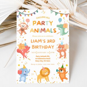 May include: A vibrant birthday invitation featuring cartoon animals and the text "Calling All Party Animals" and "Liam's 3rd Birthday." Includes date, time, and RSVP details. The design is bright and cheerful, perfect for a children's party.