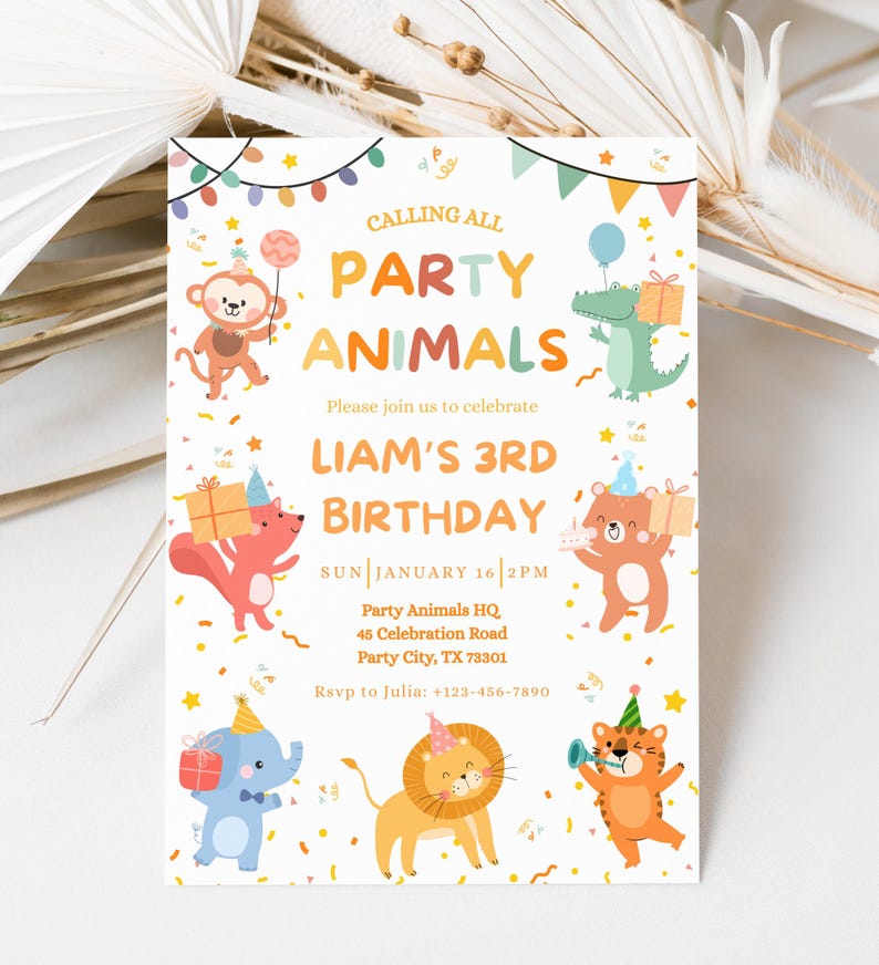 May include: A vibrant birthday invitation featuring cartoon animals and the text "Calling All Party Animals" and "Liam's 3rd Birthday." Includes date, time, and RSVP details. The design is bright and cheerful, perfect for a children's party.