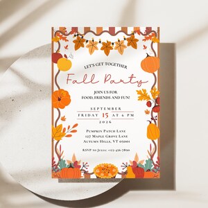May include: A rectangular invitation card for a Fall Party on September 15, 2026, at 6 PM. The white card features a brown striped border, orange pumpkins, autumn leaves, and string lights. Text includes location details and RSVP to Julia at 123-456-7890.