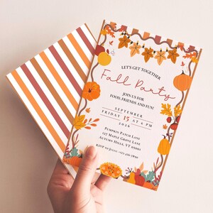 May include: A rectangular invitation card with a white background featuring orange, yellow, and brown autumn leaves, pumpkins, and string lights. The text reads: Let's Get Together Fall Party, Join Us For Food, Friends And Fun, September Friday 15 At 6 PM 2026, Pumpkin Patch Lane, 127 Maple Grove Lane, Autumn Hills, VT 05001, RSVP To Julia: +123-456-7890.