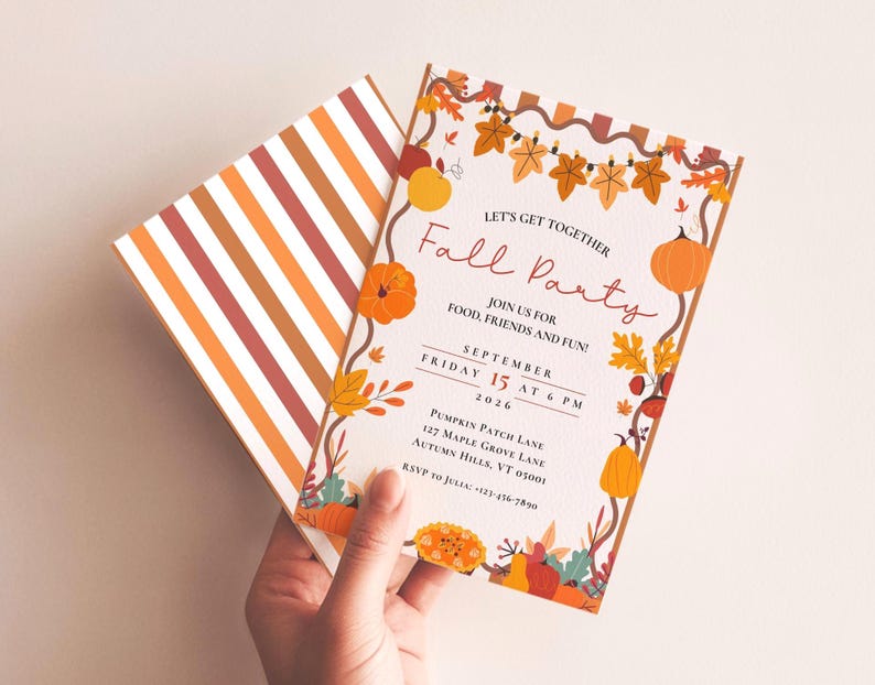 May include: A rectangular invitation card with a white background featuring orange, yellow, and brown autumn leaves, pumpkins, and string lights. The text reads: Let's Get Together Fall Party, Join Us For Food, Friends And Fun, September Friday 15 At 6 PM 2026, Pumpkin Patch Lane, 127 Maple Grove Lane, Autumn Hills, VT 05001, RSVP To Julia: +123-456-7890.