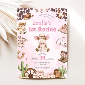 First Rodeo Birthday Invitation, Cowgirl 1st Birthday Invite Girl, Pink Rodeo Party, Editable Printable Canva Instant Download image 6
