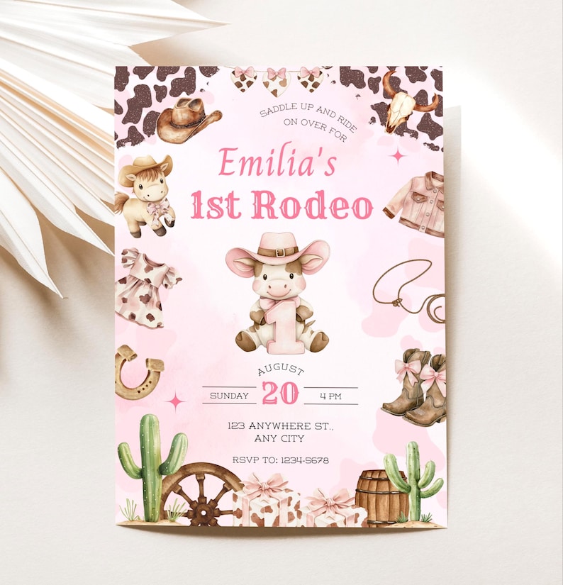 First Rodeo Birthday Invitation, Cowgirl 1st Birthday Invite Girl, Pink Rodeo Party, Editable Printable Canva Instant Download image 6