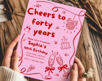 Cheers to 40 Years Birthday Invitation, Hand Drawn Retro Party Invite, Pink and Red Vintage Adult Birthday Card, Printable Milestone Invite
