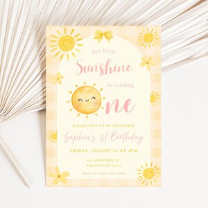 Sunshine Birthday Invitation, Girl First Birthday Invite, Our Little Sunshine Party, Editable Canva Template, Boho Sun Party Invitation image 5