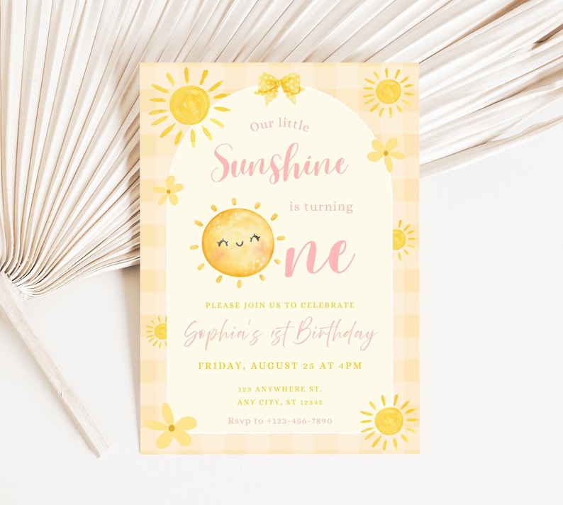 Sunshine Birthday Invitation, Girl First Birthday Invite, Our Little Sunshine Party, Editable Canva Template, Boho Sun Party Invitation image 5