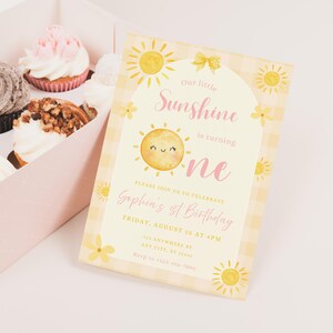 Sunshine Birthday Invitation, Girl First Birthday Invite, Our Little Sunshine Party, Editable Canva Template, Boho Sun Party Invitation image 4
