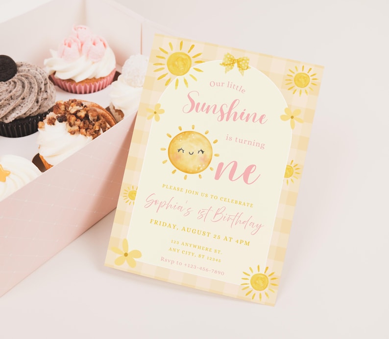 Sunshine Birthday Invitation, Girl First Birthday Invite, Our Little Sunshine Party, Editable Canva Template, Boho Sun Party Invitation image 4
