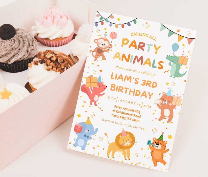May include: A birthday party invitation with the text "Calling All Party Animals" and "Liam's 3rd Birthday" featuring cartoon animals. Cupcakes in a pink box are in the background. The invitation includes RSVP information.