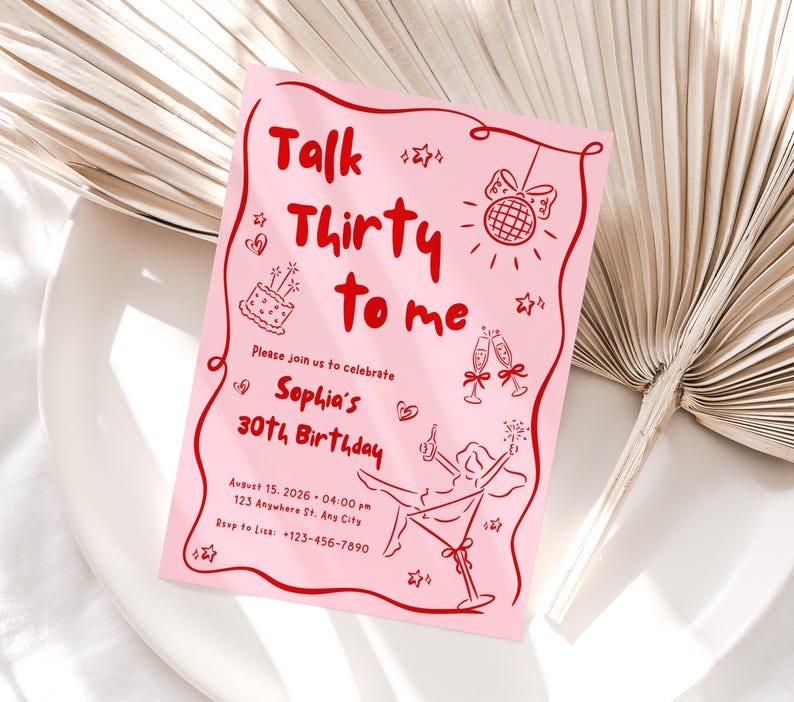 Talk Thirty To Me Birthday Invitation, Pink Red 30th Birthday Invite for Women, Dirty Thirty Party Printable, Editable Digital Template image 5