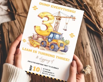 Construction Birthday Invitation, 3rd Birthday Party Invite, Dump Truck Invitation, Editable Construction Template, Digital Download