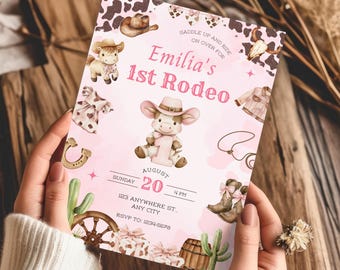 First Rodeo Geburtstag Einladung, Cowgirl 1. Geburtstag Einladung Mädchen, Rosa Rodeo Party, Editierbare Canva Vorlage, Sofort download