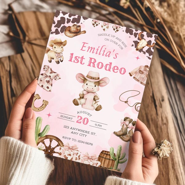 First Rodeo Birthday Invitation, Cowgirl 1st Birthday Invite Girl, Pink Rodeo Party, Editable Printable Canva Instant Download