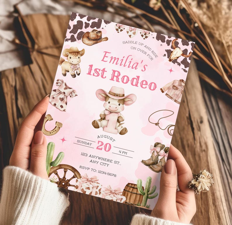 May include: A pink invitation card with a cowgirl theme. The card features illustrations of a cow, cowboy boots, a horseshoe, and a cactus. The text reads "Emilia's 1st Rodeo" and includes event details.