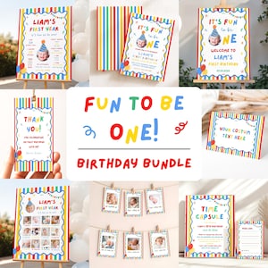 Puede incluir: Un paquete de cumpleaños con carteles, tarjetas y expositores de fotos coloridos con rayas arcoíris y banderines. El texto incluye "Liam's First Year", "It's Fun To Be One", "Thank You" y "Time Capsule", con espacios para fotos y texto.
