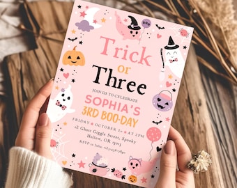 Trick or Three Birthday Invitation, Halloween Girl 3rd Birthday Invite, Pink Boo Day Invite, Canva Template