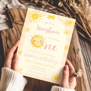 Sunshine Birthday Invitation, Girl First Birthday Invite, Our Little Sunshine Party, Editable Canva Template, Boho Sun Party Invitation image 2