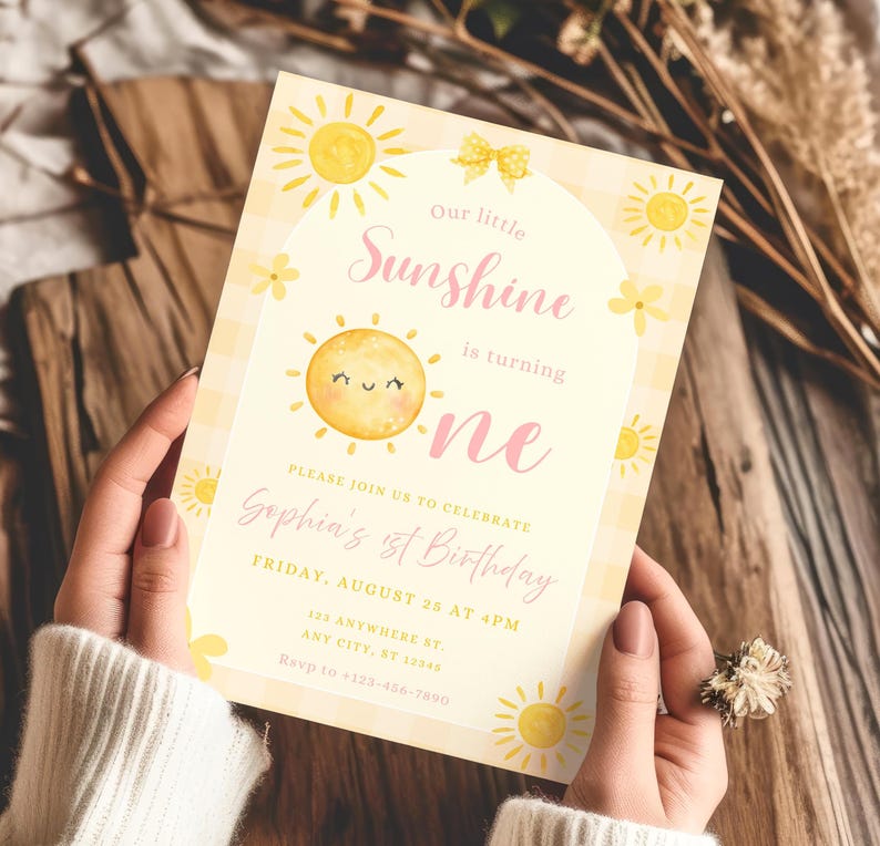Sunshine Birthday Invitation, Girl First Birthday Invite, Our Little Sunshine Party, Editable Canva Template, Boho Sun Party Invitation image 2