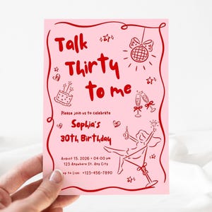 Talk Thirty To Me Birthday Invitation, Pink Red 30th Birthday Invite for Women, Dirty Thirty Party Printable, Editable Digital Template image 2