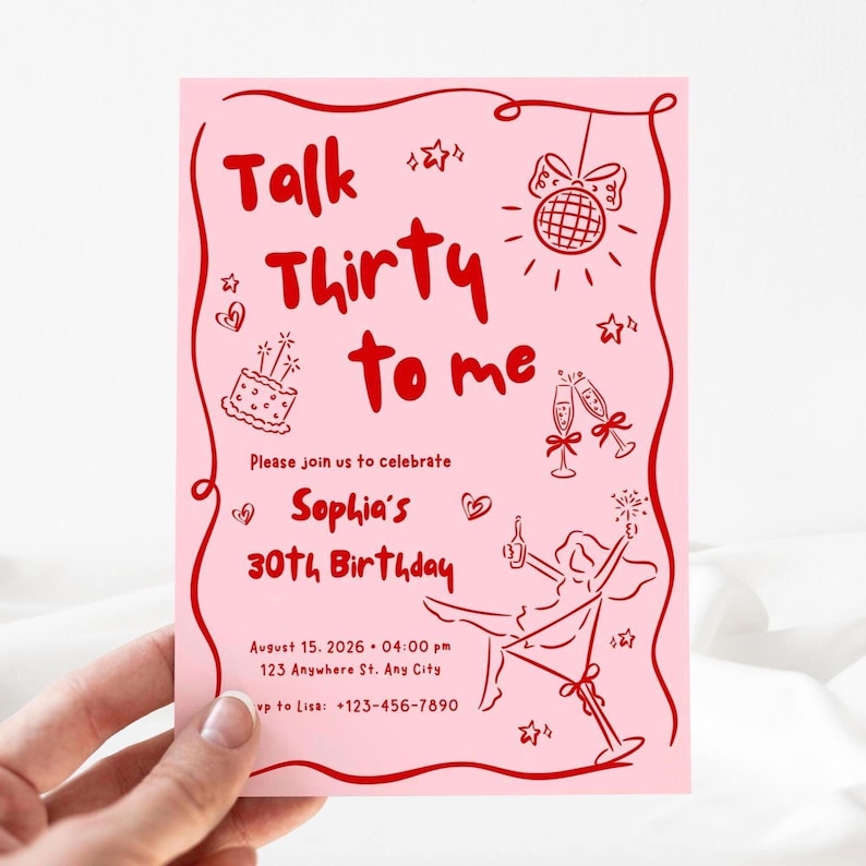 Talk Thirty To Me Birthday Invitation, Pink Red 30th Birthday Invite for Women, Dirty Thirty Party Printable, Editable Digital Template image 2