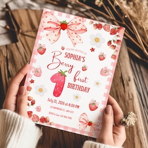 Berry First Birthday Invitation Template | Berry Sweet One 1st Birthday Editable Canva | Strawberry Party Invite Digital