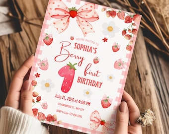 Erdbeer Einladung 1. Geburtstag | Berry Sweet One Vorlage Canva | Erdbeer Party Einladung Digital