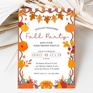 May include: A rectangular party invitation card featuring a white background with a brown and orange striped border. The design includes illustrations of pumpkins, autumn leaves, and a pie. Text reads: Let's get together Fall Party, September 15, 2026.