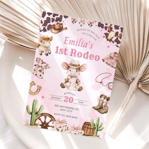 First Rodeo Birthday Invitation, Cowgirl 1st Birthday Invite Girl, Pink Rodeo Party, Editable Printable Canva Instant Download image 5