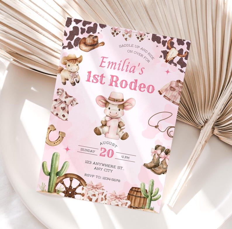 First Rodeo Birthday Invitation, Cowgirl 1st Birthday Invite Girl, Pink Rodeo Party, Editable Printable Canva Instant Download image 5