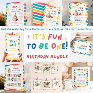 Its Fun To Be One Birthday Invitation, Colorful First Birthday Invitation, Photo 1st Birthday Invite, One Fun Party Hat, Canva image 2