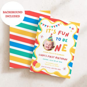 May include: A birthday invitation card featuring a colorful striped pattern and a wavy yellow border. The text reads IT'S FUN TO BE ONE, LIAM'S FIRST BIRTHDAY, FRIDAY, JULY 25 AT 4PM, 45 RAINBOW ROAD BRIGHTON, FL 33101, RSVP TO JULIA: +123-456-1890.