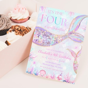 May include: A mermaid-themed birthday invitation with a mermaid tail design and the text "It's Time Four a shellabration!" Cupcakes in a box are visible in the background.