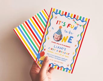 Fun To Be One Birthday Invitation, Boy First Birthday Invite, Colorful Photo Invitation, Canva Template