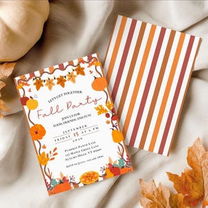 May include: A rectangular invitation card with a white background featuring orange and brown autumn leaves, pumpkins, and string lights. The text reads: Let's get together Fall Party, join us for food, friends and fun, September Friday 15 at 6 PM 2026.