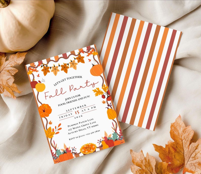 May include: A rectangular invitation card with a white background featuring orange and brown autumn leaves, pumpkins, and string lights. The text reads: Let's get together Fall Party, join us for food, friends and fun, September Friday 15 at 6 PM 2026.