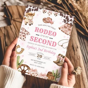 Zweites Rodeo Geburtstag Einladung, Cowgirl 2. Geburtstag Karte Rosa, Western Party Vorlage, Canva Sofort Download