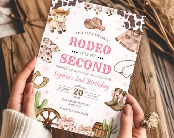 Zweites Rodeo Geburtstag Einladung, Cowgirl 2. Geburtstag Karte Rosa, Western Party Vorlage, Canva Sofort Download