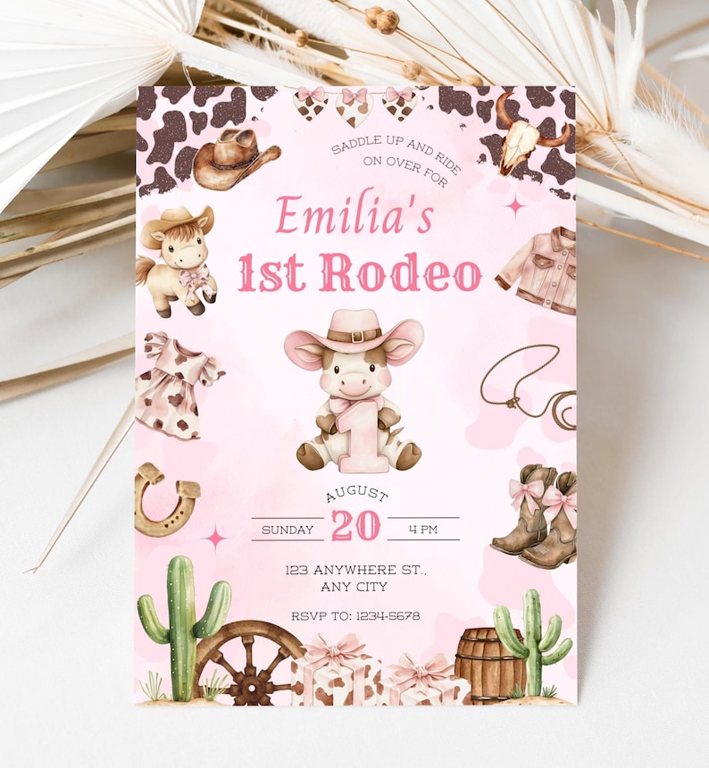 First Rodeo Birthday Invitation, Cowgirl 1st Birthday Invite Girl, Pink Rodeo Party, Editable Printable Canva Instant Download image 4