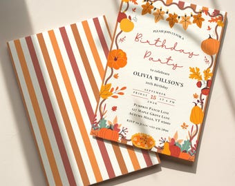 May include: A rectangular birthday party invitation and a matching envelope with vertical stripes in orange, red, and white. The invitation features a border of autumn leaves, pumpkins, and a string of lights, with text detailing Olivia Willson's 30th birthday on September 15, 2026, at Pumpkin Patch Lane.