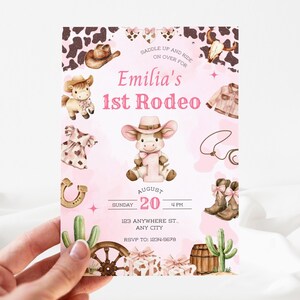 First Rodeo Birthday Invitation, Cowgirl 1st Birthday Invite Girl, Pink Rodeo Party, Editable Printable Canva Instant Download image 2