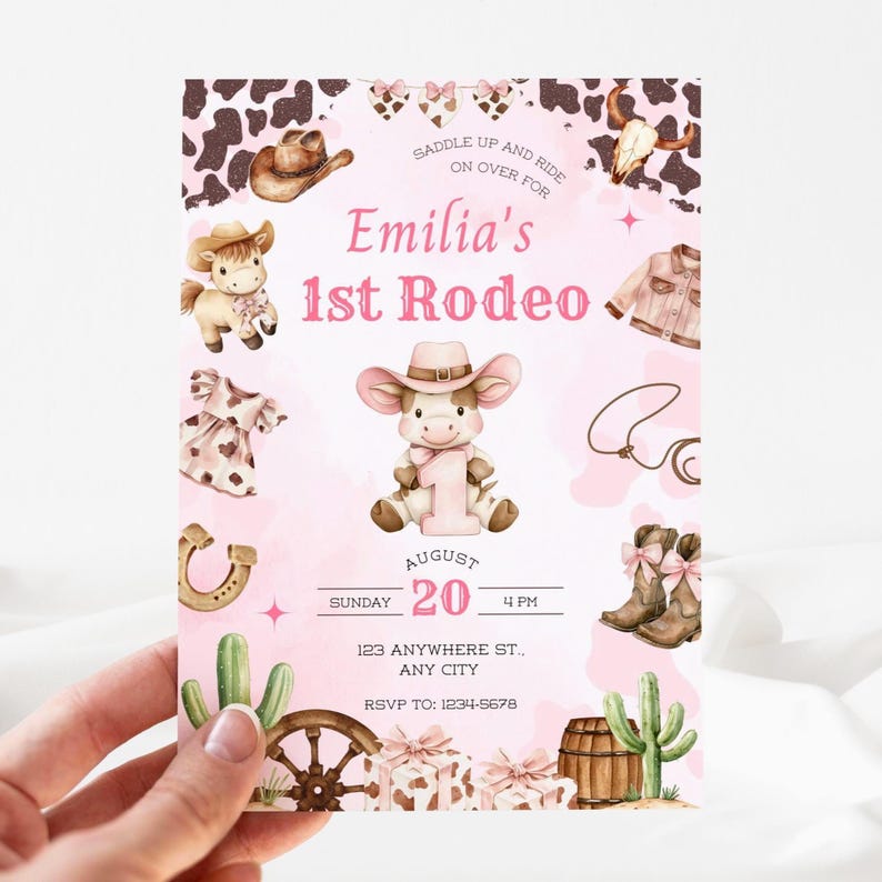 First Rodeo Birthday Invitation, Cowgirl 1st Birthday Invite Girl, Pink Rodeo Party, Editable Printable Canva Instant Download image 2
